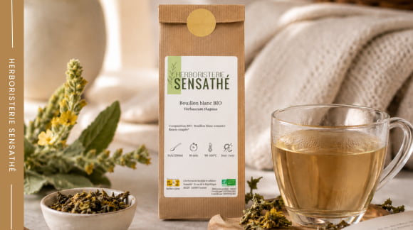 Tisane de bouillon-blanc et fleurs de molène, plante médicinale expectorante utilisée en cas de bronches encombrées et de mucosités. - Herboristerie Sensathé Tisane de bouillon-blanc et fleurs de molène, plante médicinale expectorante utilisée en cas de bronches encombrées et de mucosités. - Herboristerie Sensathé